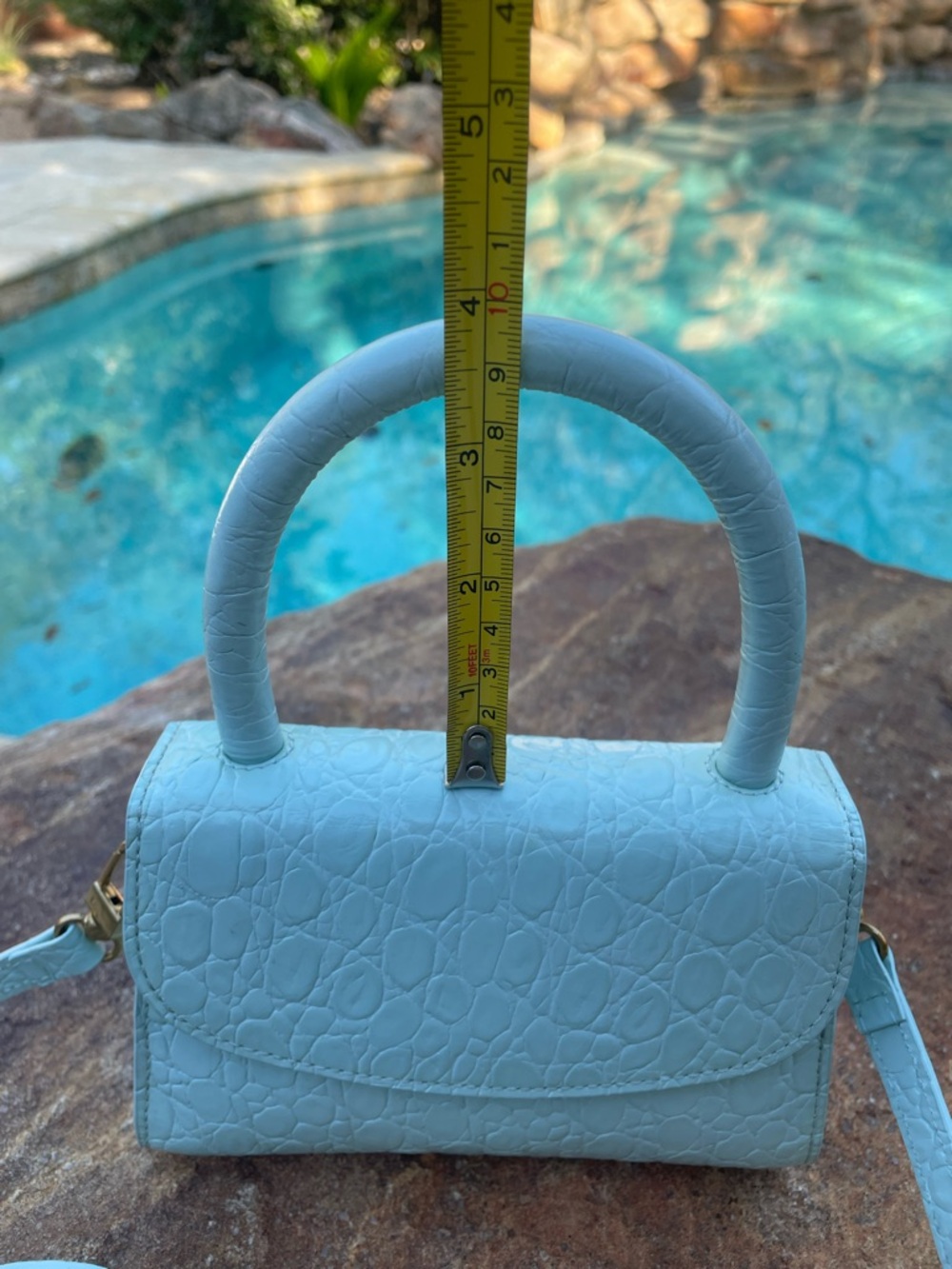 BY FAR Light Blue Croc-Embossed Mini Top-Handle Bag with Crossbody Strap (CdlG) - Picture 9 of 12